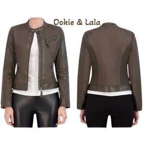 Ookie & Lala Womens Mixed Media Cotton & Brown Faux Leather Moto Jacket Sz XL